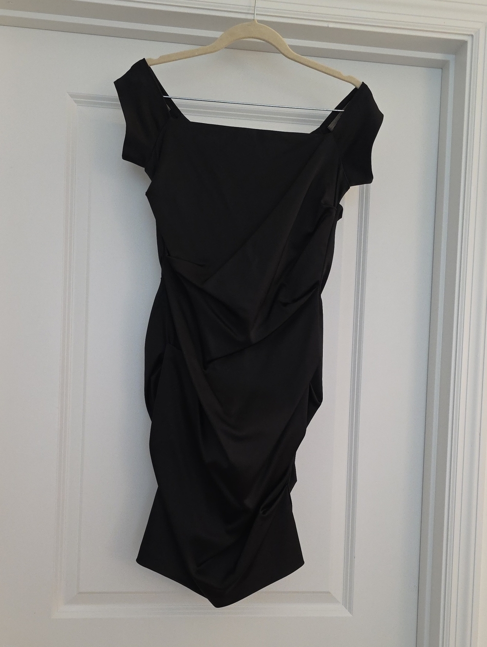 Betsy & Adam Black Off-Shoulder Draped Mini Dress